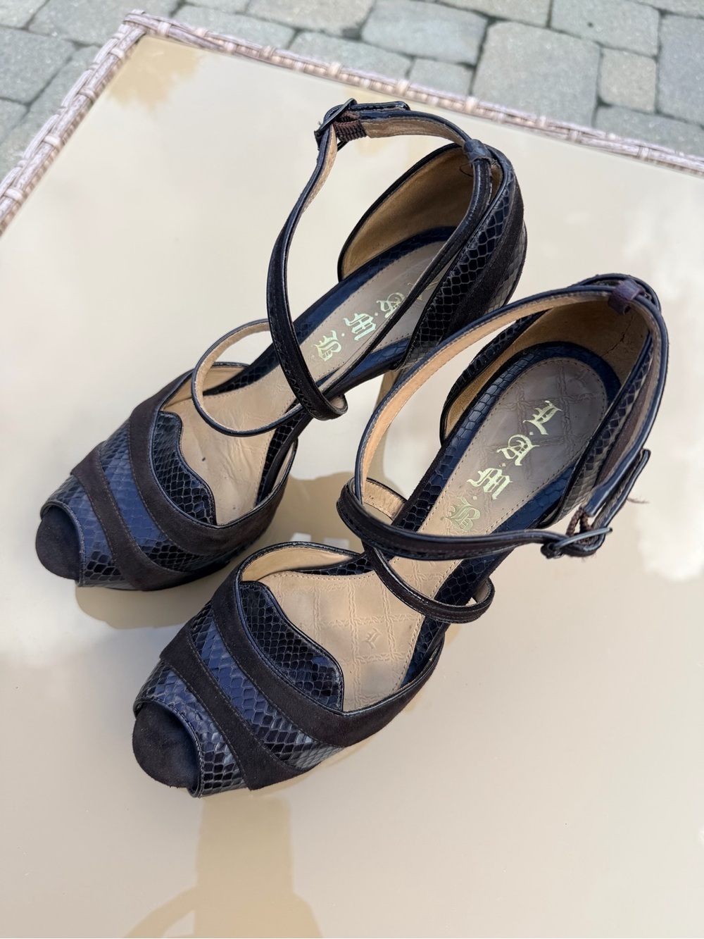 L.A.M.B. MIYAGI Brown snake Strappy Peep-Toe Heels 9B